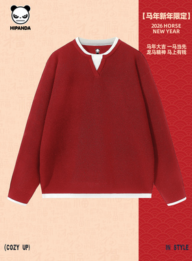 Hipanda你好熊猫新年红色潮牌毛衣男女本命年针织衫上衣2026新款C