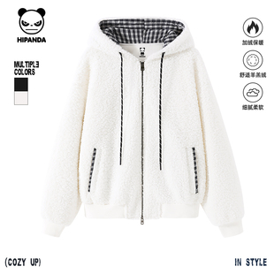 Hipanda你好熊猫加绒保暖羊羔绒拼接连帽格子外套女2025冬款夹克