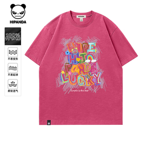 体恤C T恤2025夏新款 Hipanda你好熊猫玫粉纯棉手绘个性 设计感短袖