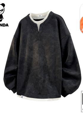 HiPanda你好熊猫秋冬款假两件卫衣男士新款美式复古长袖上衣服GH