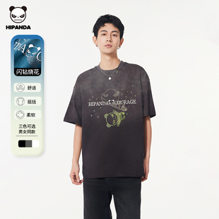 半袖 新款 T恤男2025夏季 Hipanda你好熊猫复古怀旧闪钻烧花纯棉短袖