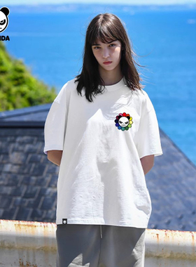 Hipanda你好熊猫时尚潮牌个性短袖纯棉T恤男2025夏款情侣白色潮t