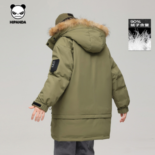 Hipanda你好熊猫中长款连帽羽绒服男毛领外套潮牌2025年冬季新款