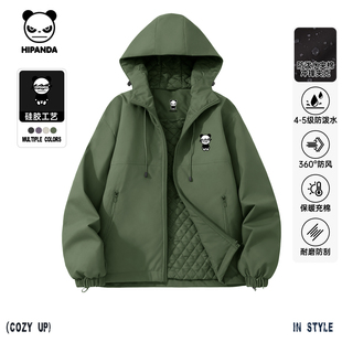 Hipanda你好熊猫复古保暖棉袄夹棉防水冲锋外套男2026春冬款夹克C