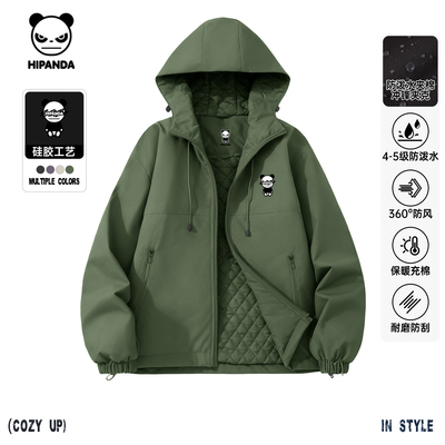 Hipanda你好熊猫复古保暖棉袄夹棉防水冲锋外套男2025秋冬款夹克C