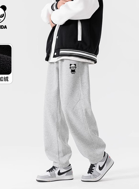 Hipanda你好熊猫重磅420g卫裤男宽松束脚2025加绒针织裤运动裤冬