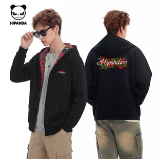 Hipanda你好熊猫复古潮牌情侣连帽格纹连帽外套2026春季新款夹克C