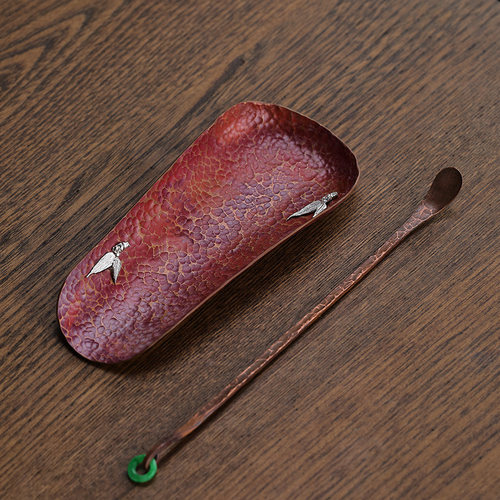 日式纯铜镶银仿古茶则配件二件套