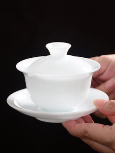 冰玉瓷盖碗茶杯羊脂玉瓷三彩盖碗茶具家用功夫茶盖碗防烫手白瓷