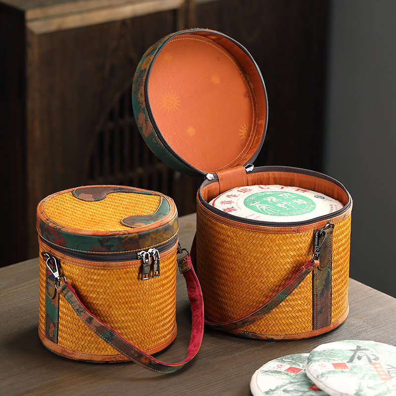 竹编七子饼茶叶罐香云纱普洱茶饼包装盒礼盒 茶具杯收纳盒 存茶桶