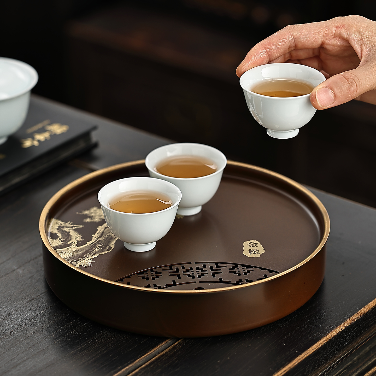 潮汕圆形干泡茶盘储水式