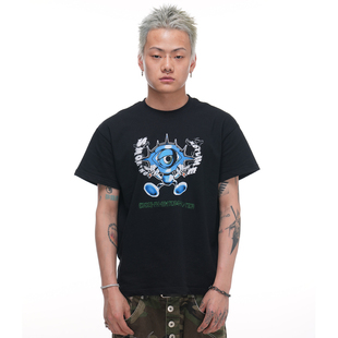 Phantomhunter芬特亨克 白墨印花立体刺绣街头美式纯棉黑圆领短袖