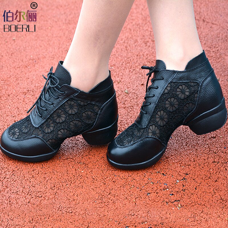 伯尔俪春夏新款真皮网面中跟舞蹈鞋女透气水兵广场爵士跳舞鞋