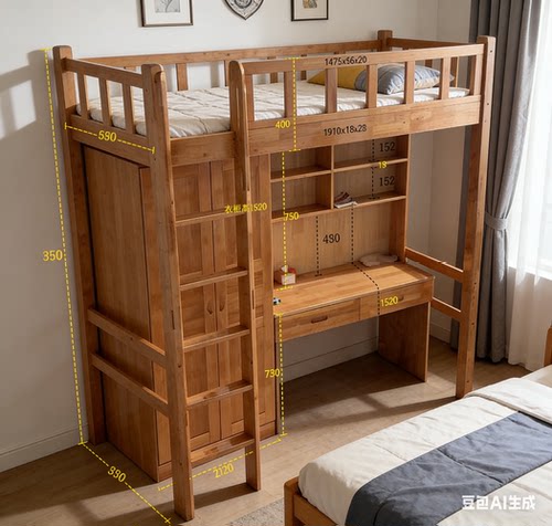 实木组合床橡胶木衣柜书桌组合床员工宿舍学生电脑桌组合床工程床