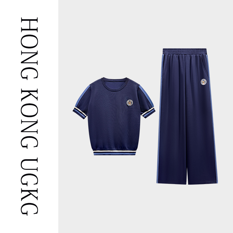 香港UGKG短袖t恤女宽松运动服套装中老年时尚气质休闲上衣两件套