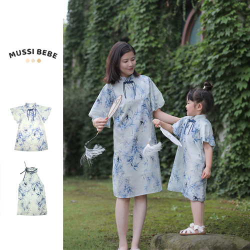 MUSSI女童连衣裙国风水墨竹