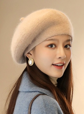 兔毛贝雷帽子女秋冬季百搭保暖网红显脸小画家帽潮流南瓜蓓蕾帽