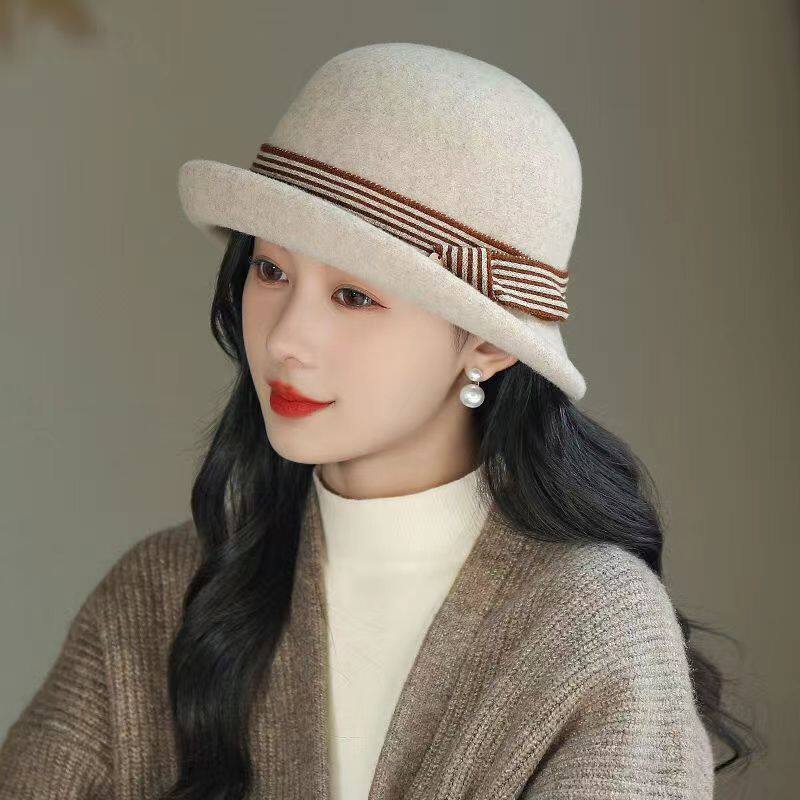 新款羊绒毡帽女士羊毛帽保暖洋气高级礼帽秋冬时尚盆帽卷边渔夫帽