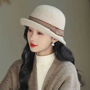 新款羊绒毡帽女士羊毛帽保暖洋气高级礼帽秋冬时尚盆帽卷边渔夫帽