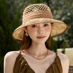 2025夏太阳帽女出游气质珍珠拉菲草礼帽镂空遮阳帽优雅草帽沙滩帽