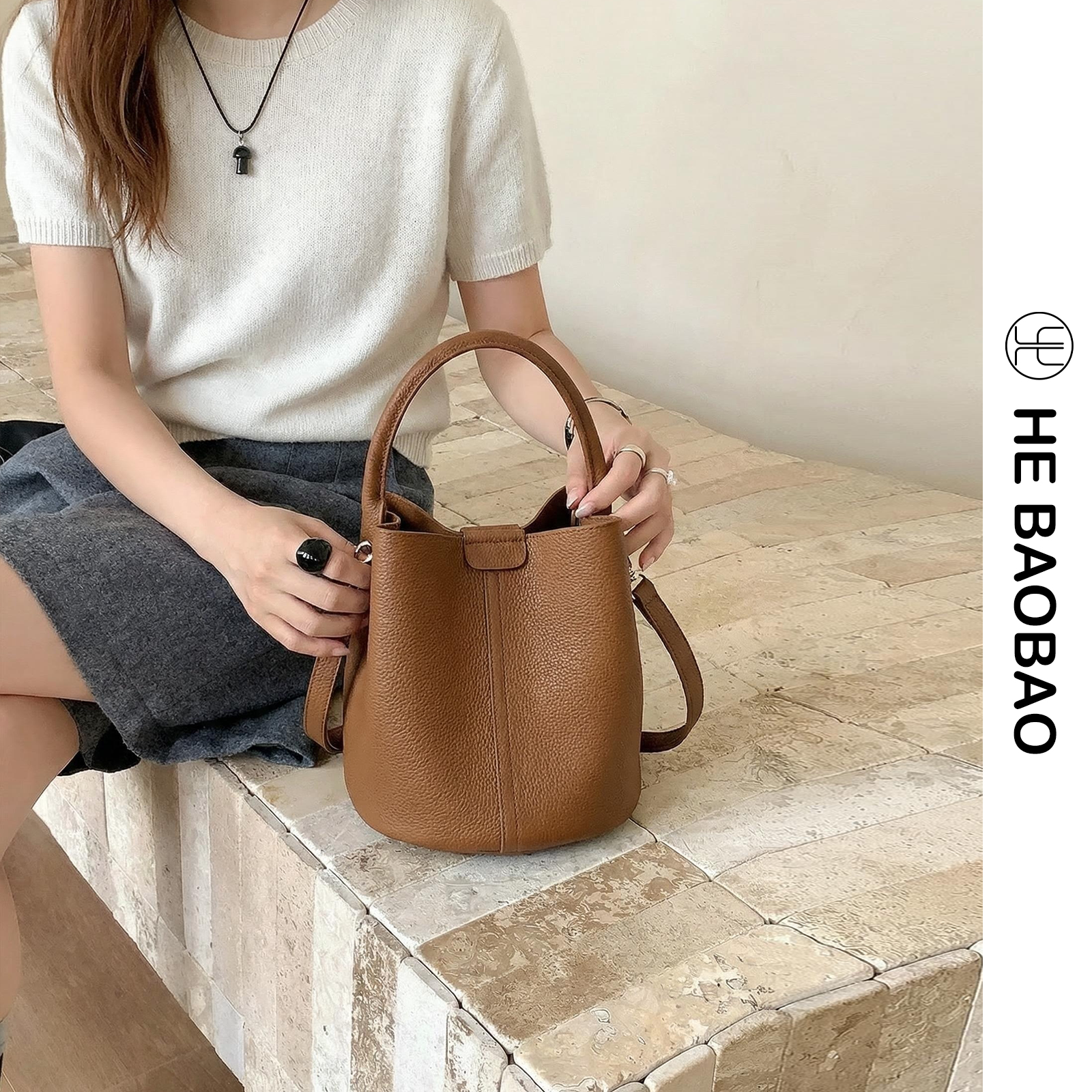 HEBAOBAO新品水桶包女2026新款春夏牛皮单肩斜挎包手拎包手提女包