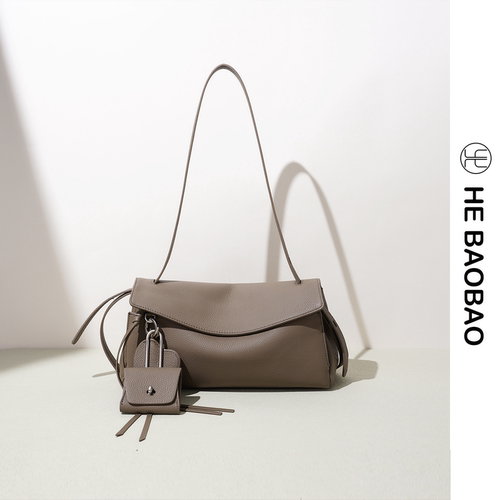 HEBAOBAO×HEJMASI新品2026秋冬头层牛皮单肩斜挎女包配零钱小包