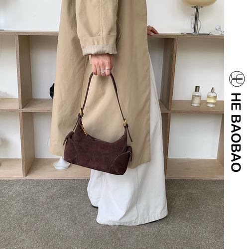 HE BAOBAO×HEJMASI 秋冬磨砂牛皮机车包女2026新品hobo单肩斜挎