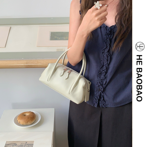 HEBAOBAO新品波士顿手提女包2026新款头层牛皮法棍手拎斜挎小包