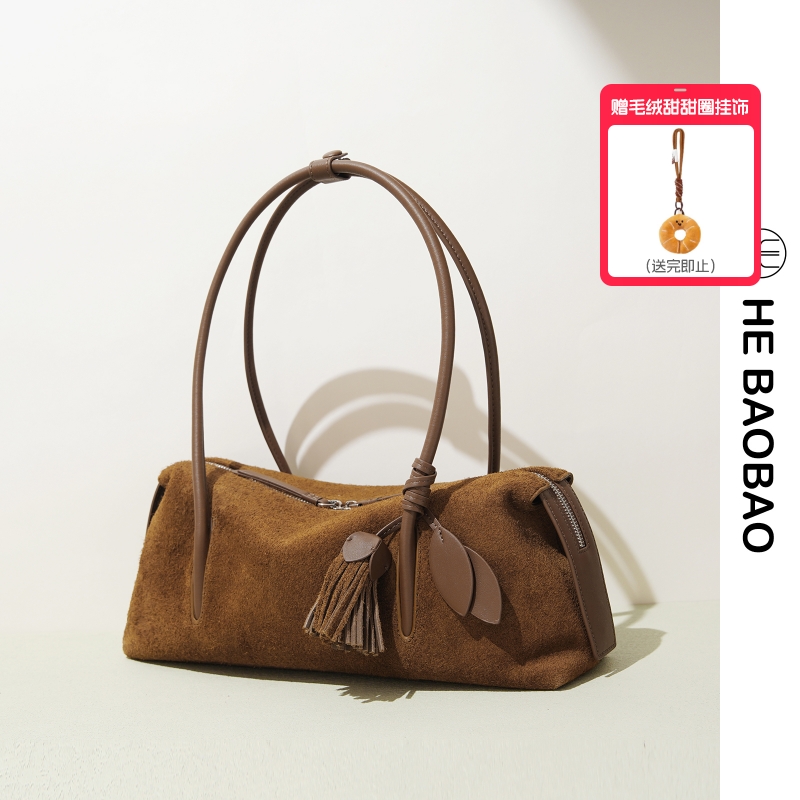 HEBAOBAO新品长柄波士顿女包2025新款反绒磨砂牛皮肩腋下法棍包