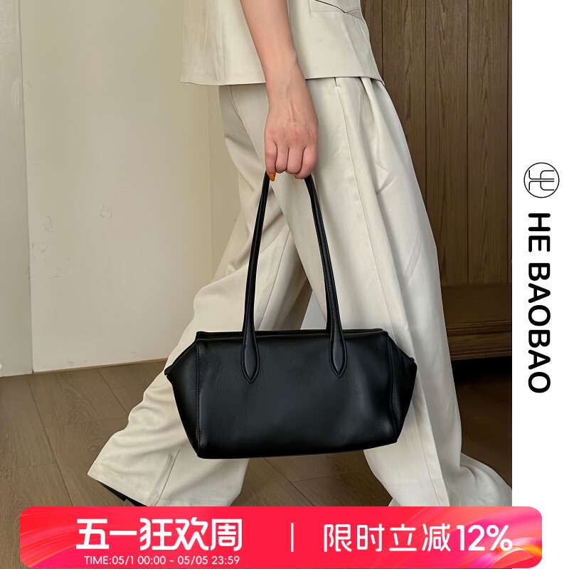 HEBAOBAO新款2026头层牛皮大容量枕头包小众设计单肩包女手提包