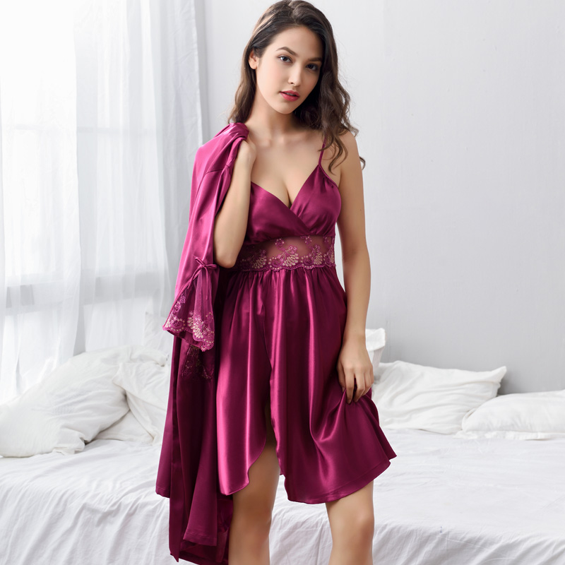 薄款春秋真丝性感蕾丝吊带睡裙两件套女夏季紫色冰丝丝绸睡衣睡袍