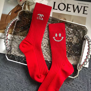 新年袜子纯棉本命年红色ins潮结婚喜庆外穿轻奢个性 洋气烫钻饰品