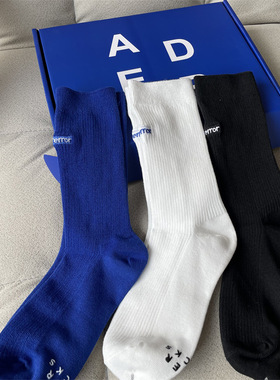 3双春秋韩国ADER克莱因蓝高筒长袜子女ins潮简约纯色运动中筒袜男