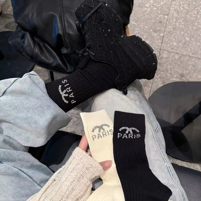 超好看洋气轻奢百搭显瘦~小香风烫钻中筒袜子纯棉女ins潮外穿春秋