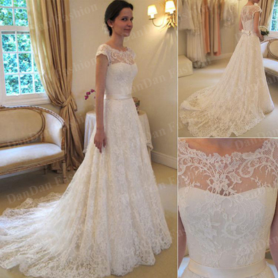 A Line Wedding Dress Bateau Short Sleeves Bridal Gown Lace
