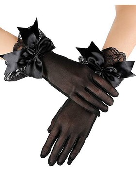 新娘婚纱礼服手套短款网纱黑色蕾丝花边蝴蝶结手套ST021