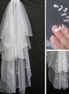 新娘头纱两层珍珠面纱结婚派对婚纱礼服网红拍照白色头饰T030