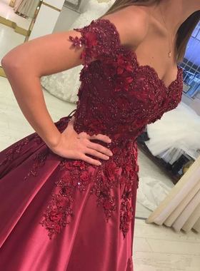 热销卡肩A型排花宴会红色礼服裙 Off the Shoulder Formal Dress