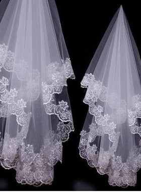 浪漫蕾丝花边新娘短款头纱白色象牙1.5米长打造梦幻婚礼造型T002