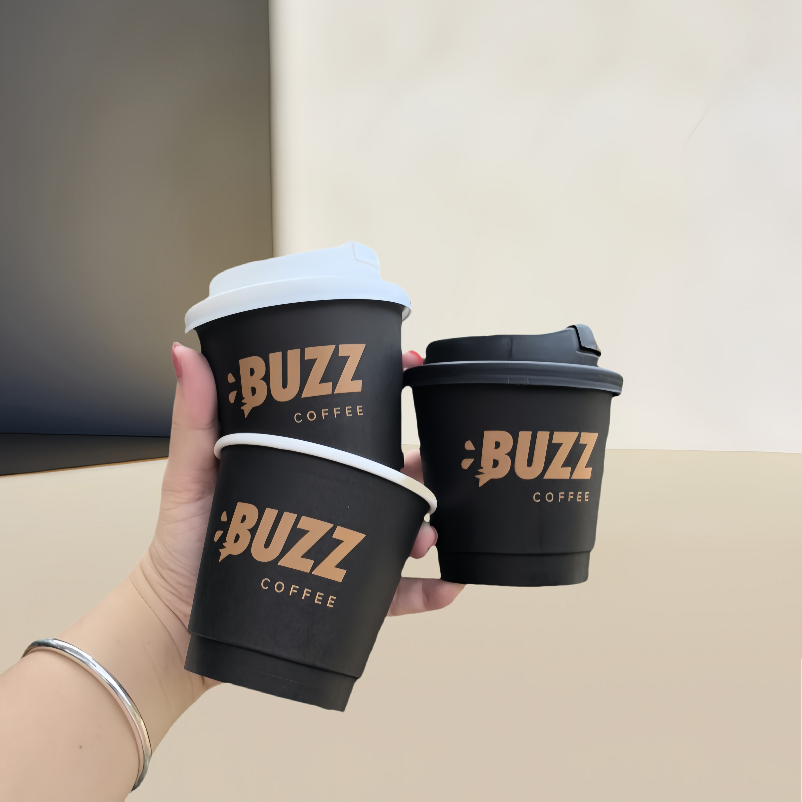 一次性90口径黑色咖啡纸杯中空双层热饮杯防烫外卖防漏杯LOGO定制