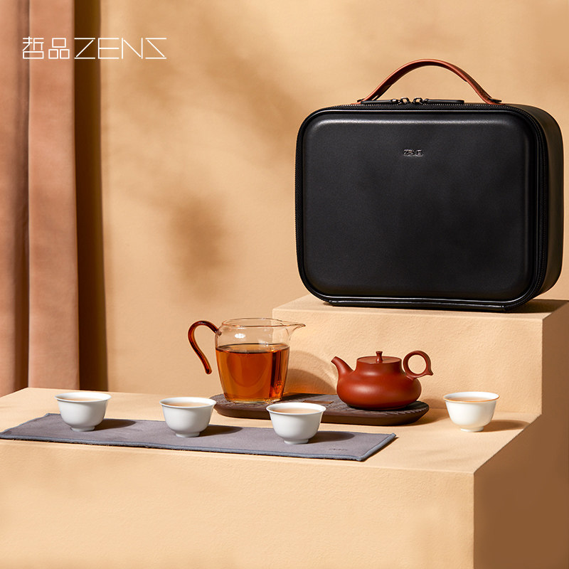 哲品 鼓魄 朱泥壶紫砂茶杯便携茶具套装户外旅行泡茶功夫茶壶杯子