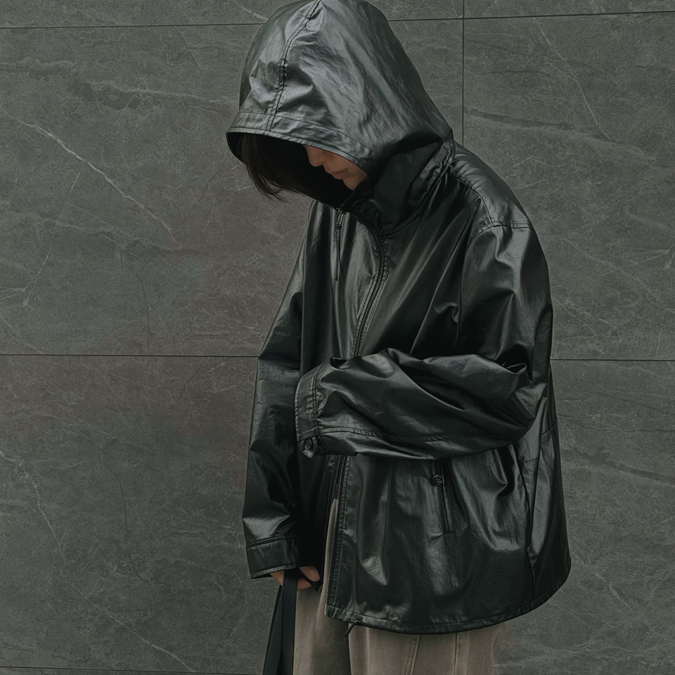 真的好帅!自留款连帽抽绳设计皮衣夹克外套