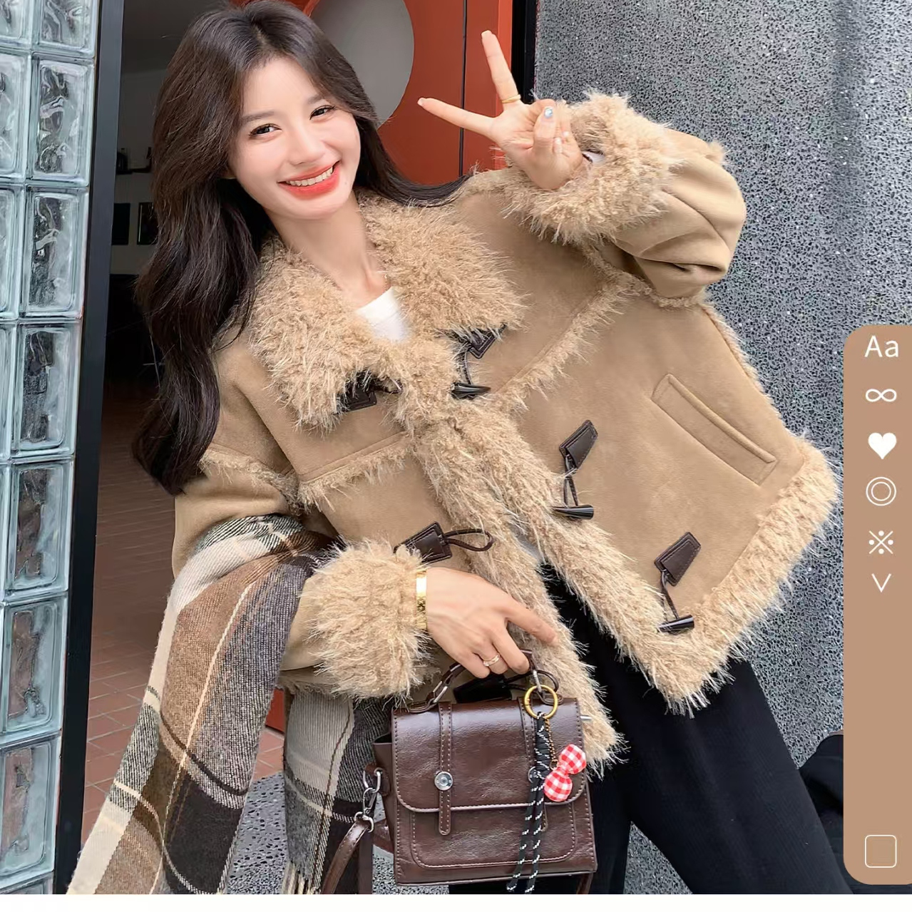 品牌捡漏卡其色麂皮绒皮毛一体羊羔毛短外套女秋冬加厚保暖