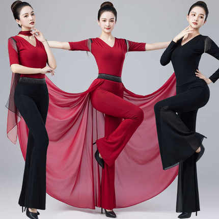 夏季新款形体服训练服装修身V领流苏上衣女微喇裤舞蹈练功服套装