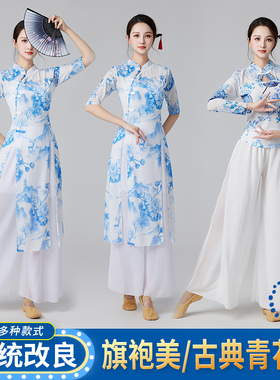 中国风古典舞青花瓷长袖旗袍舞蹈练功服女新款形体舞蹈演出服上衣