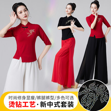 民族风广场舞服装夏季女新款立领修身短袖上衣现代古典舞蹈训练服