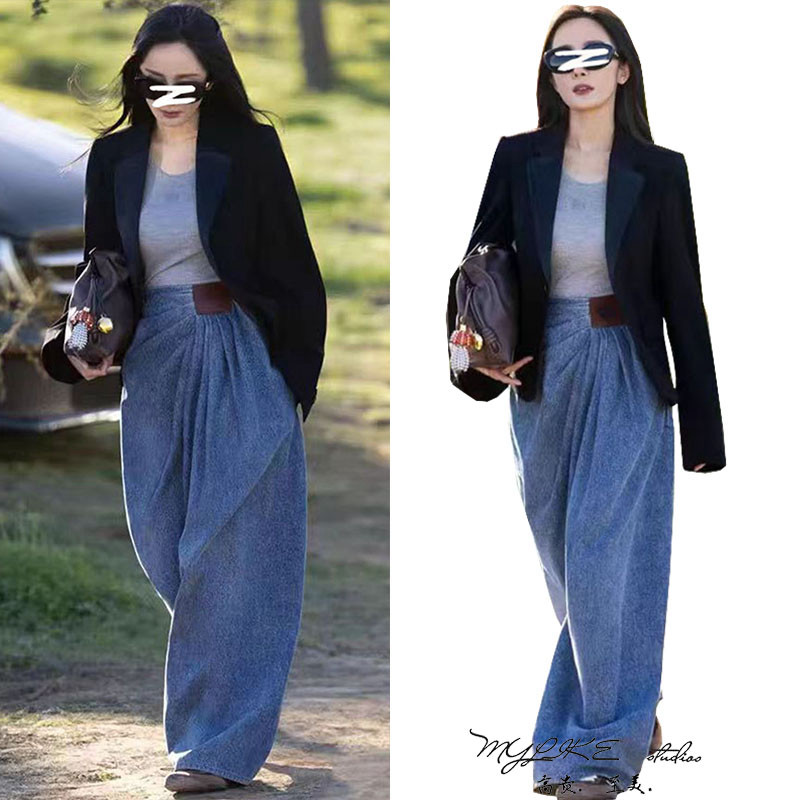 明星同款复古超柔褶皱水洗牛仔裤女设计感不规则宽松阔腿百搭长裤