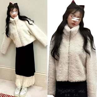 明星同款白色立领羊羔毛外套女短款加厚保暖毛绒夹克软糯百搭上衣