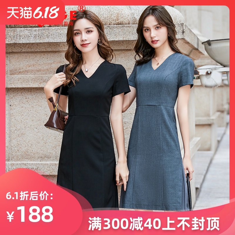 职业V领连衣裙女气质女神范时尚珠宝店售楼部工作服美容师工装夏