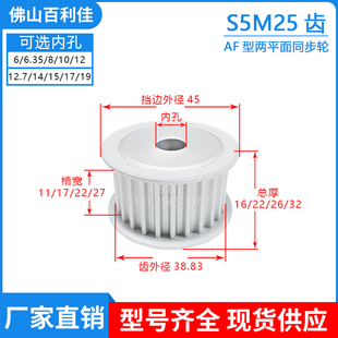 S5M25齿两面平齿轮25S5M同步轮槽宽11/17/22/27皮带轮齿外径38.83